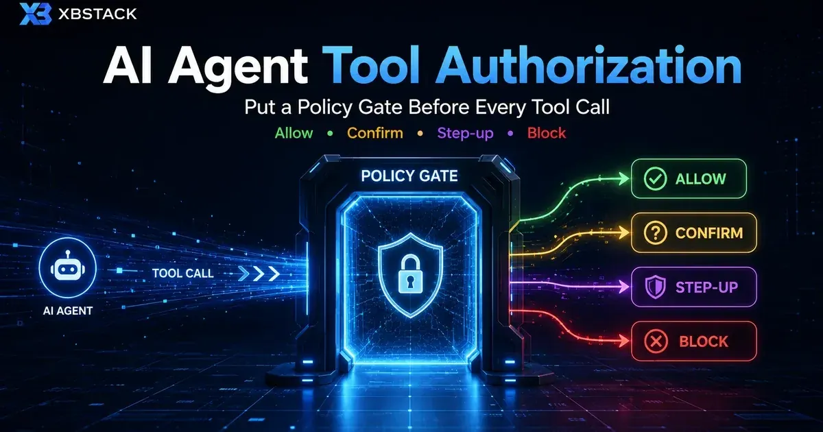 An AI Agent tool call entering a Policy Gate before allow, confirmation, step-up authentication, or block - XBSTACK