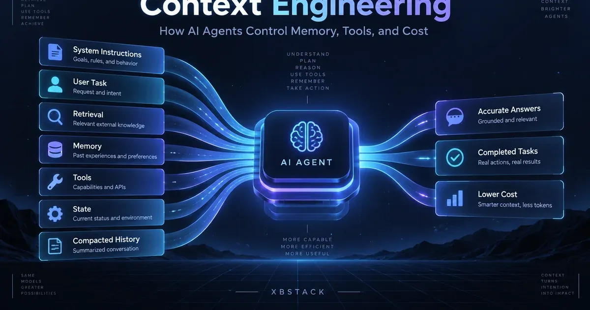 Context engineering routes system instructions, user tasks, retrieval, memory, tools, state and compacted history into an AI agent to produce grounded answers, completed tasks and lower context cost