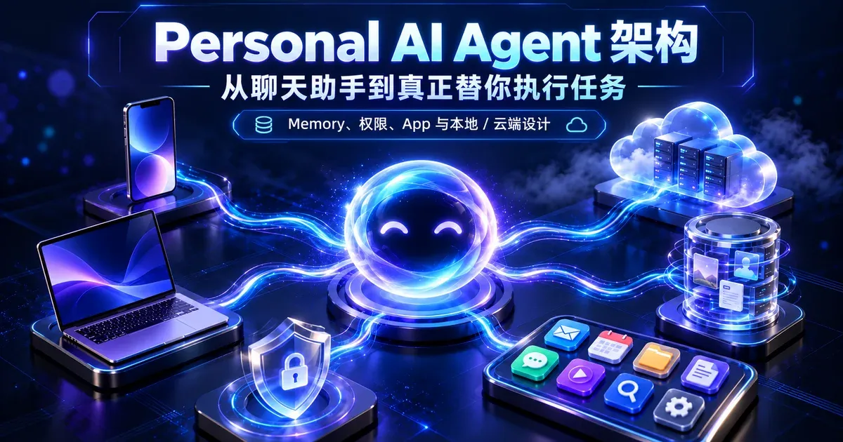 Personal AI Agent Architecture cover showing memory, permissions, apps and tools, local devices and cloud runtimes around a personal agent