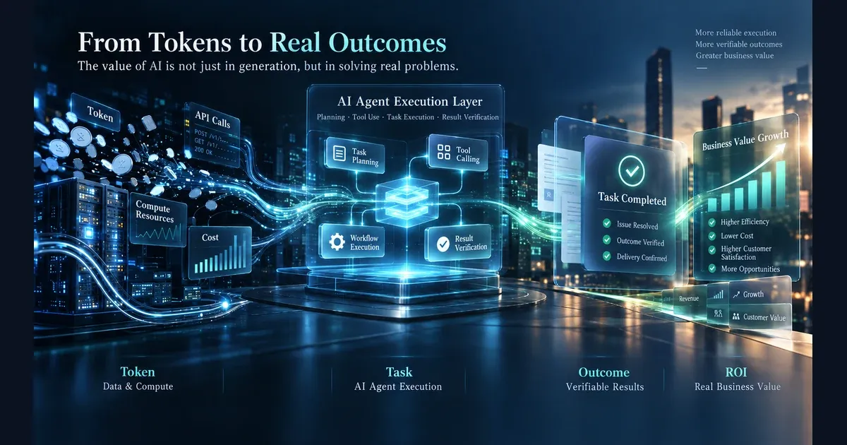 OpenAI Outcome-Based Pricing English cover showing the AI agent value chain from tokens and compute to tasks, verified outcomes and ROI