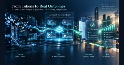 OpenAI Outcome-Based Pricing English cover showing the AI agent value chain from tokens and compute to tasks, verified outcomes and ROI - XBSTACK
