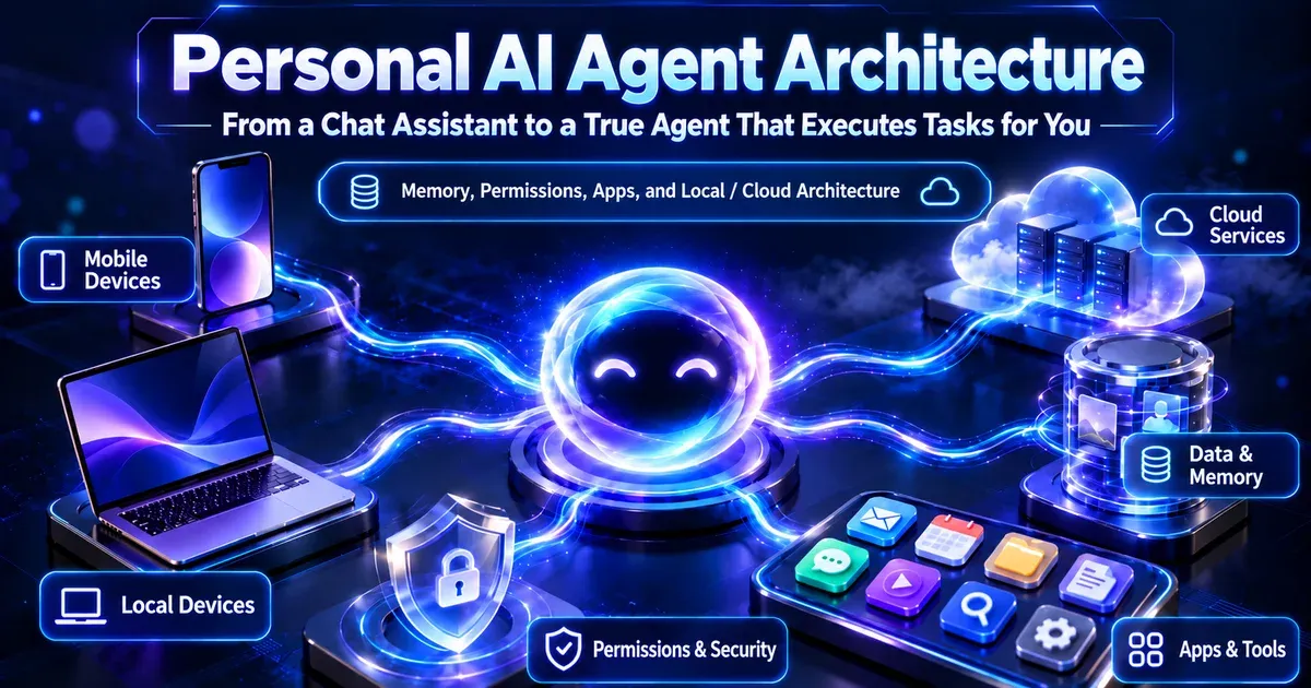 Personal AI Agent 架构封面：长期记忆、权限安全、应用工具与本地云端运行共同组成个人智能体执行系统