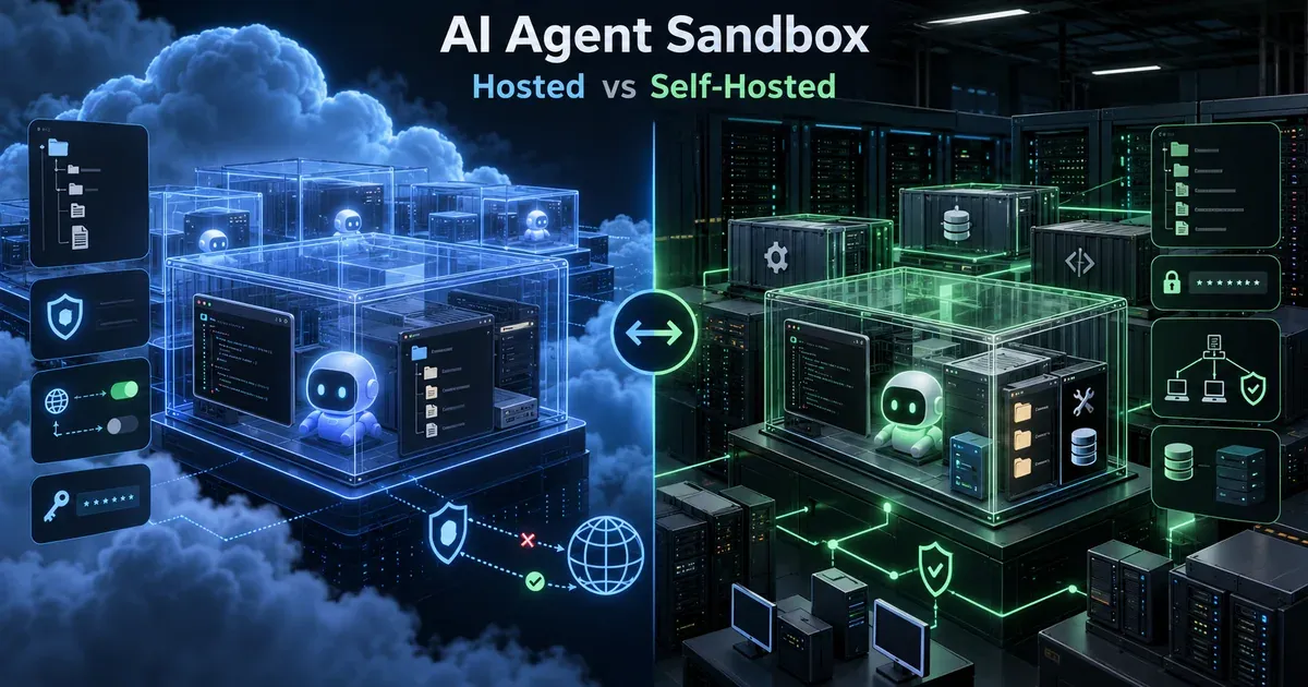 AI Agent Sandbox 中 Hosted 与 Self-hosted 两种执行环境的安全隔离架构对比，包含文件、网络、Secret 与多租户边界