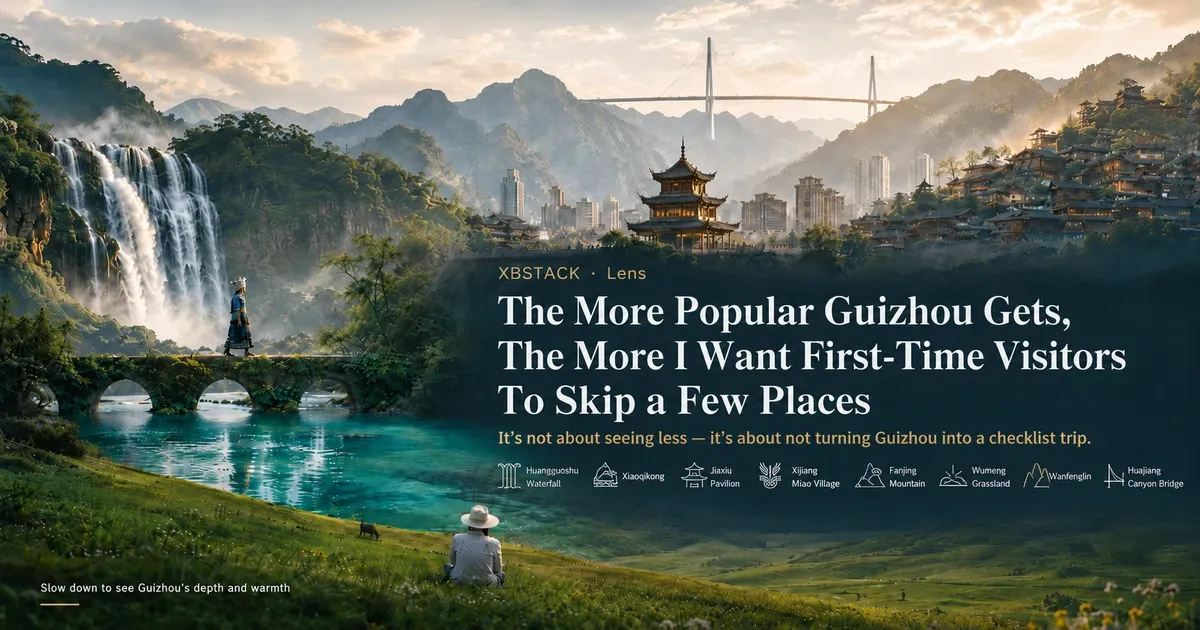 Editorial Guizhou travel cover with mountains, waterfall, city, village and a high bridge