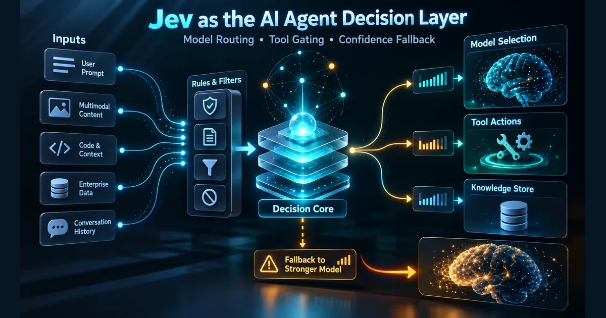 Jev 作为 AI Agent 决策层,在 Rules、模型路由、Tool Gate 与强模型回退之间进行结构化决策