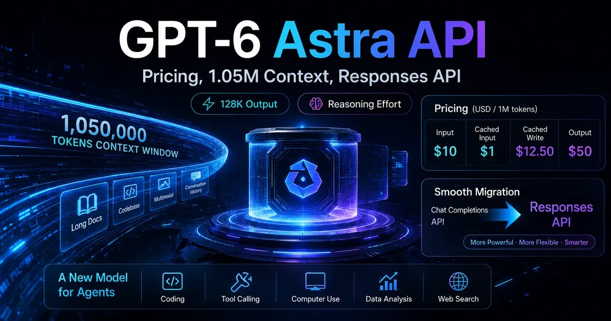GPT-6 Astra API English cover showing pricing, 1.05M context, 128K output and Responses API migration
