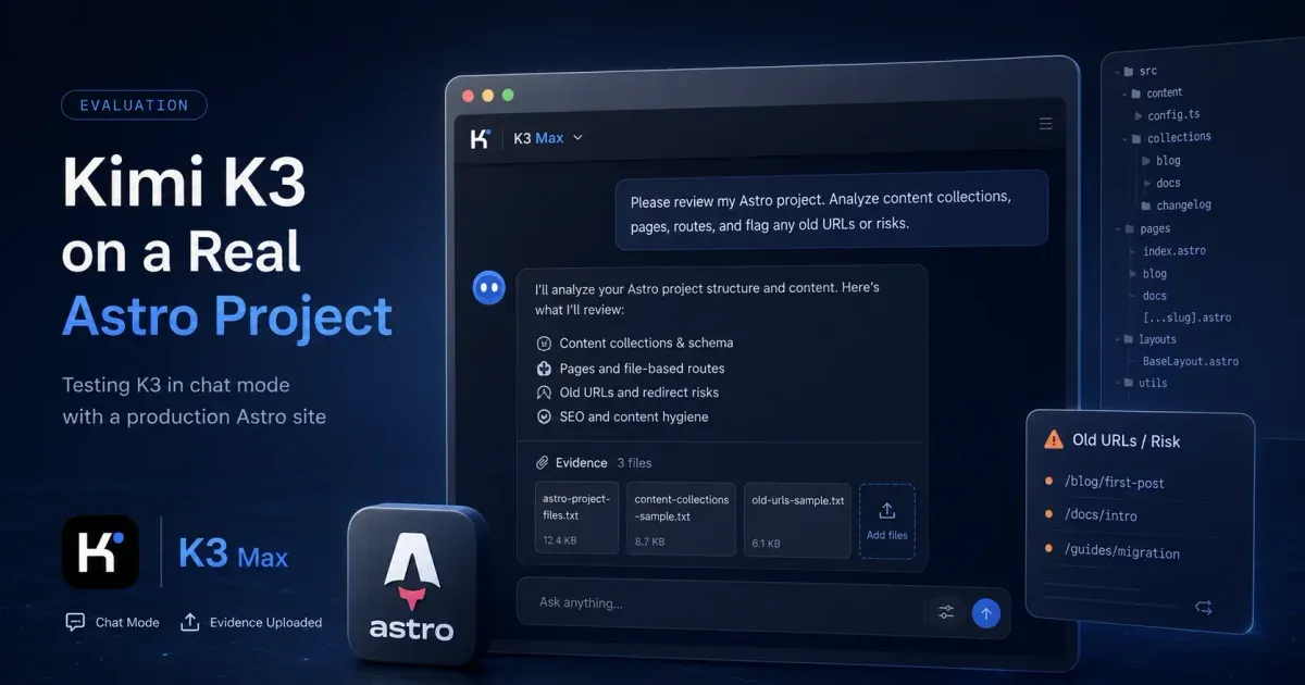 Kimi K3 Max analyzing cross-file Astro code, Content Collections, and legacy URL risks