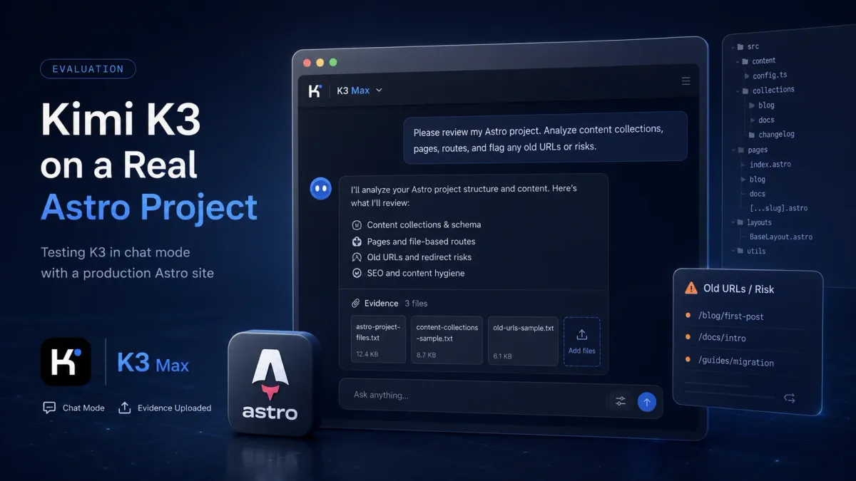 Kimi K3 Max analyzing cross-file Astro code, Content Collections, and legacy URL risks - XBSTACK