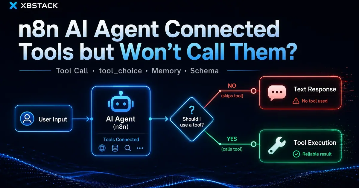 An n8n AI Agent with connected tools branching to a skipped text response or a real tool execution