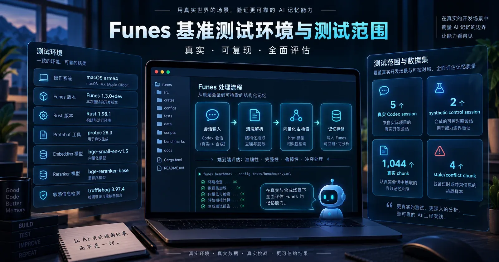 Funes 本地基准测试环境与测试范围:macOS arm64、Funes 1.3.0+dev、embedding/reranker、5 个真实 Codex session 与 stale/conflict 对照