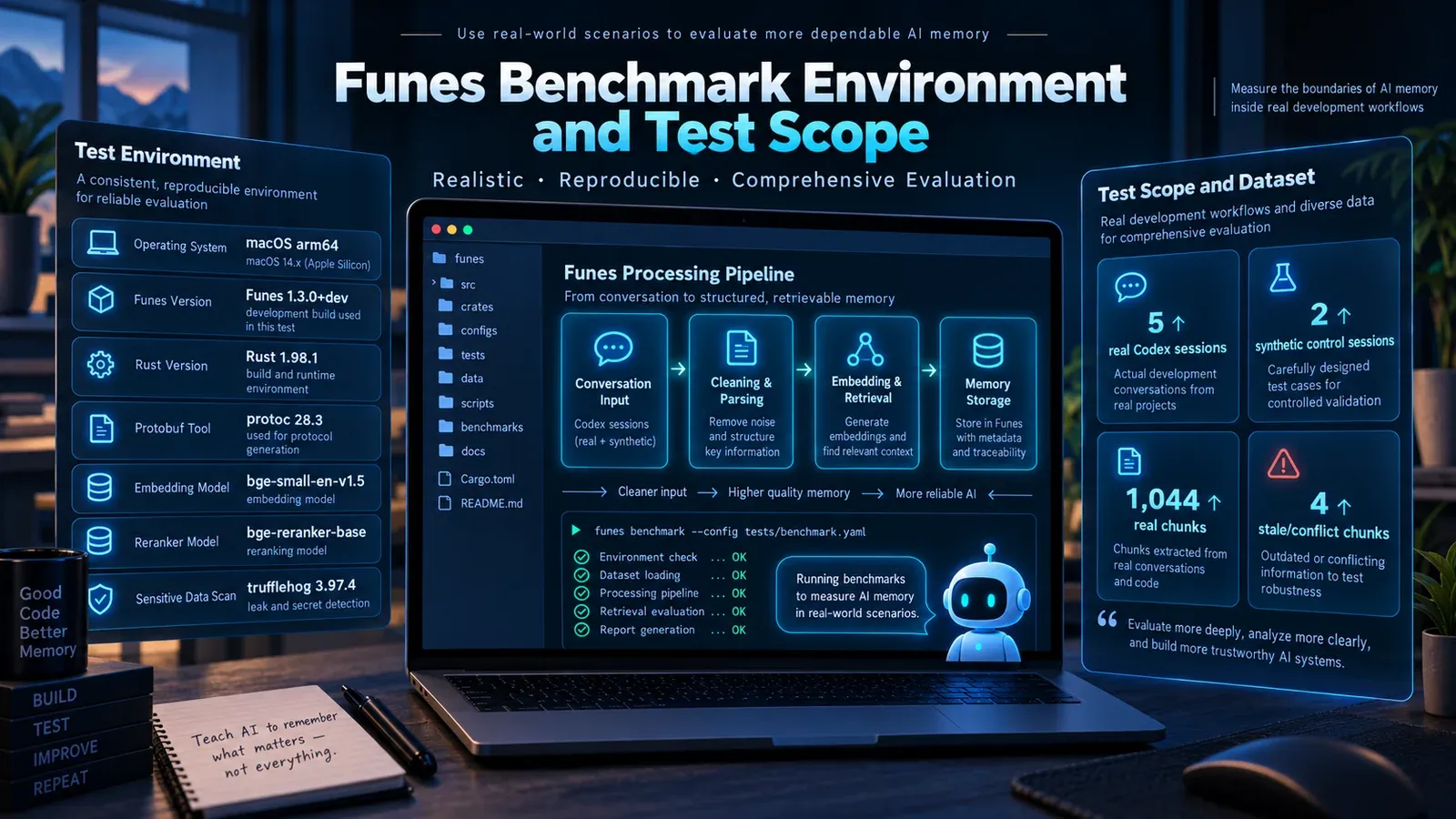 Funes benchmark environment and test scope covering macOS arm64, Funes 1.3.0+dev, embedding and reranking models, five real Codex sessions, and stale/conflict controls