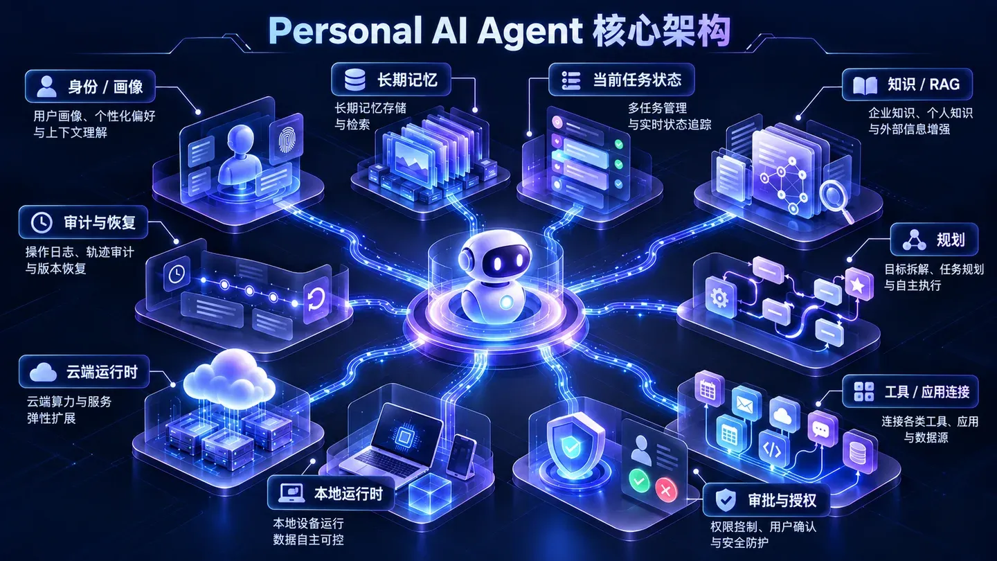 Personal AI Agent core architecture spanning identity, long-term memory, current task state, knowledge RAG, planning, tool integration, local and cloud runtimes, authorization, audit and recovery
