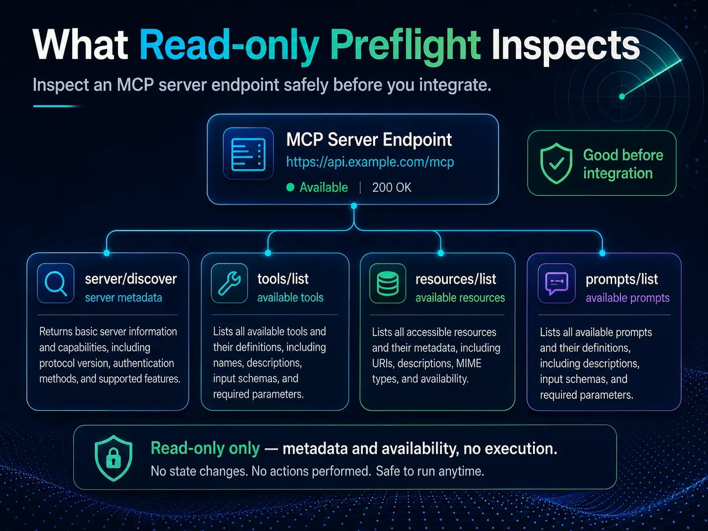 Read-only MCP preflight scope covering server discovery, tools, resources and prompts