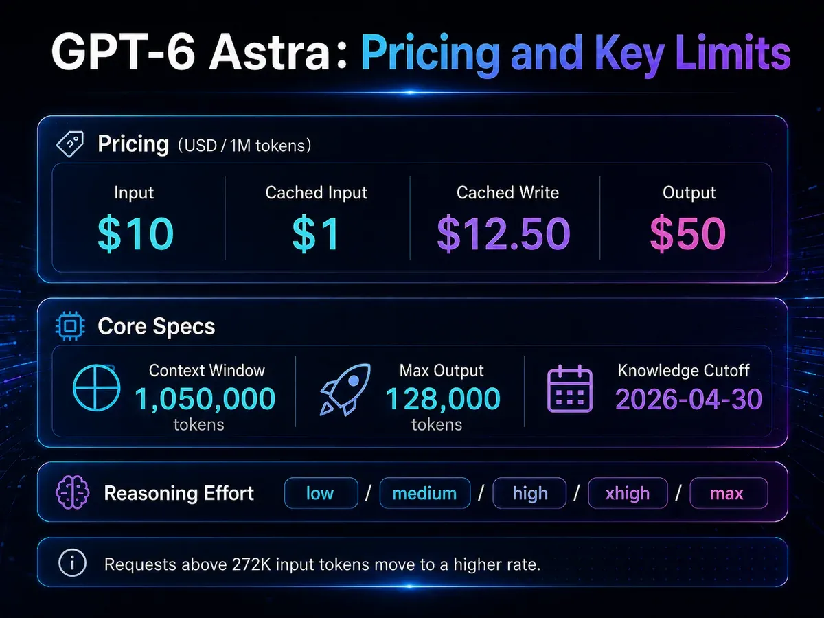 GPT-6 Astra Standard API pricing, 1.05M context window, 128K maximum output, knowledge cutoff and reasoning effort levels