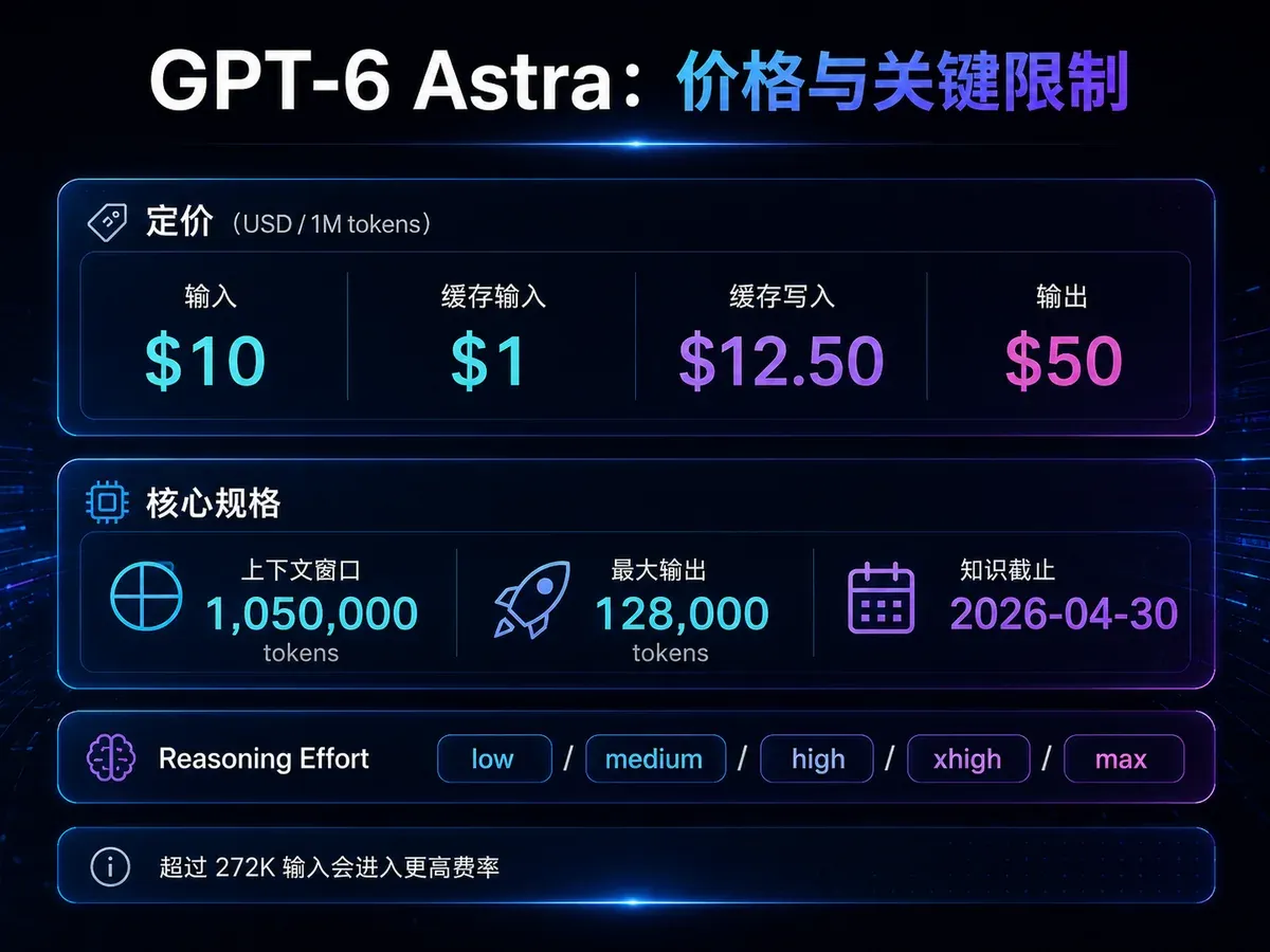 GPT-6 Astra Standard API 定价、105 万上下文、128K 最大输出、知识截止日期与 reasoning effort 关键规格