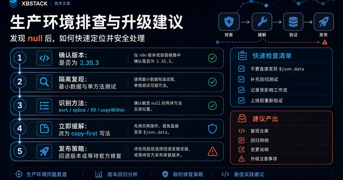 n8n 2.35.3 生产环境排查与升级建议：确认版本、隔离复现、识别受影响方法、使用 copy-first 缓解并评估回退