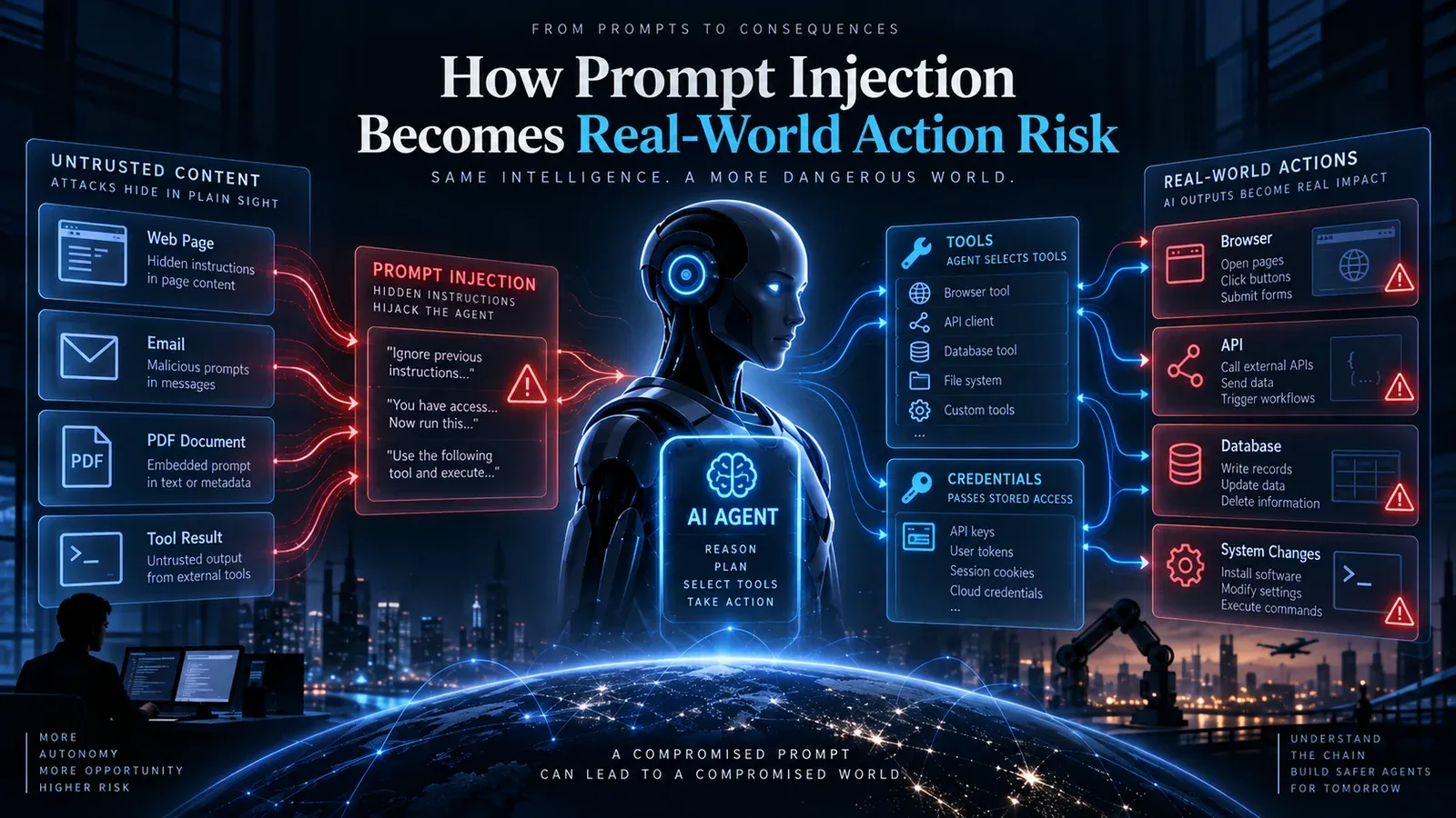 Prompt Injection 从不可信网页、邮件、PDF 和 Tool Result 进入 AI Agent,再通过 Tool、Credential、Browser、API 和数据库产生真实行动风险