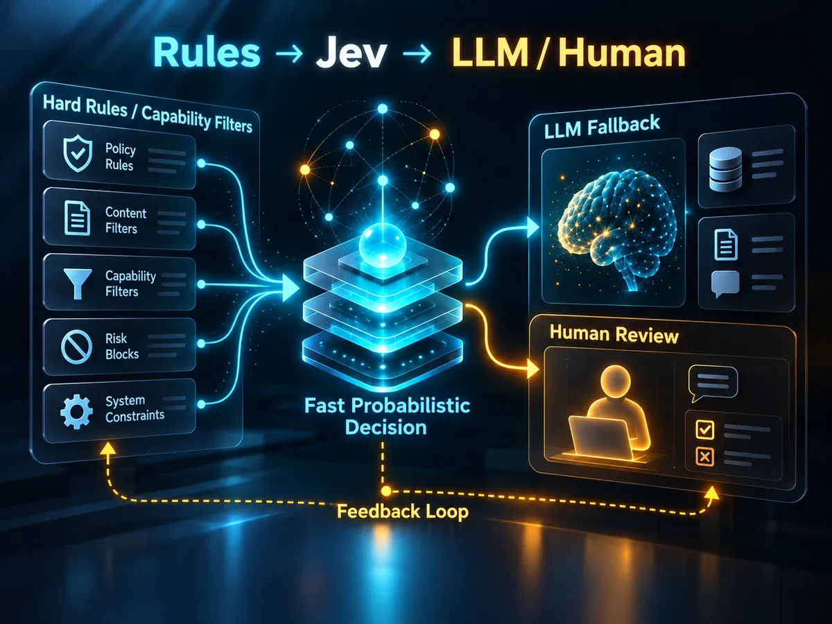 Rules → Jev → LLM / Human:Hard Rules 与 Capability Filters 先做确定性过滤,Jev 负责快速概率决策,不确定或高风险任务再回退到 LLM 或人工