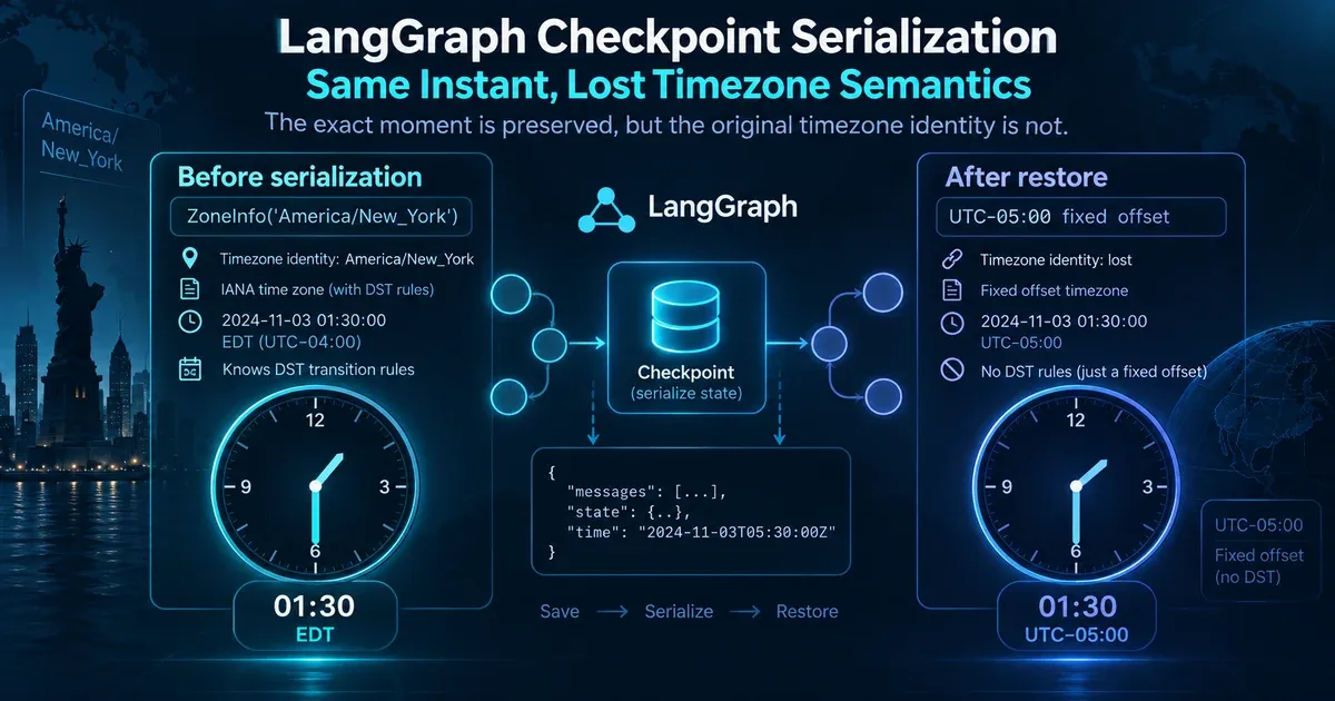 LangGraph checkpoint serialization preserves the instant but can lose the original IANA timezone semantics after restore