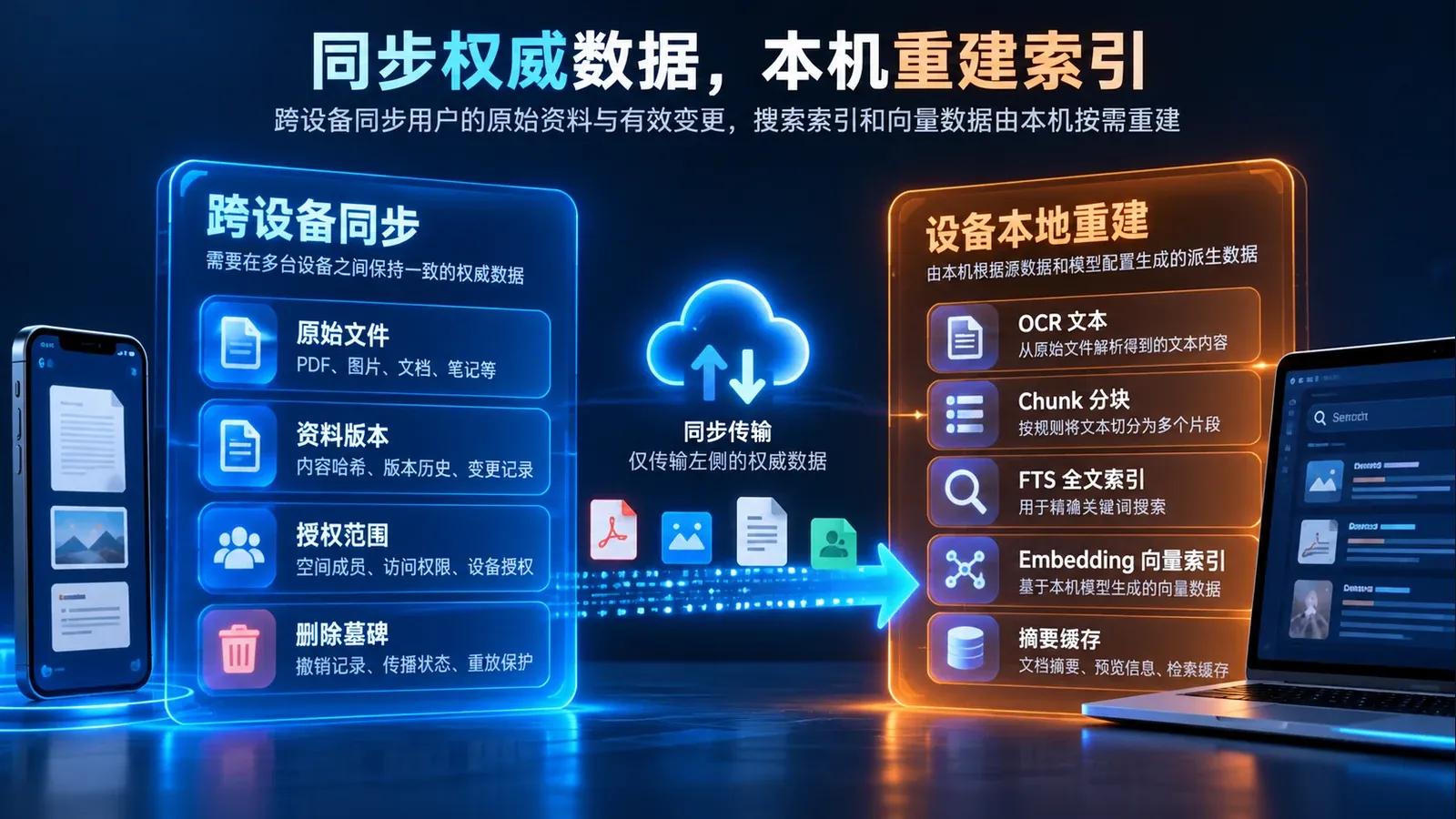 权威原文和授权记录需要同步,FTS、Chunk、Embedding 等索引按设备重建