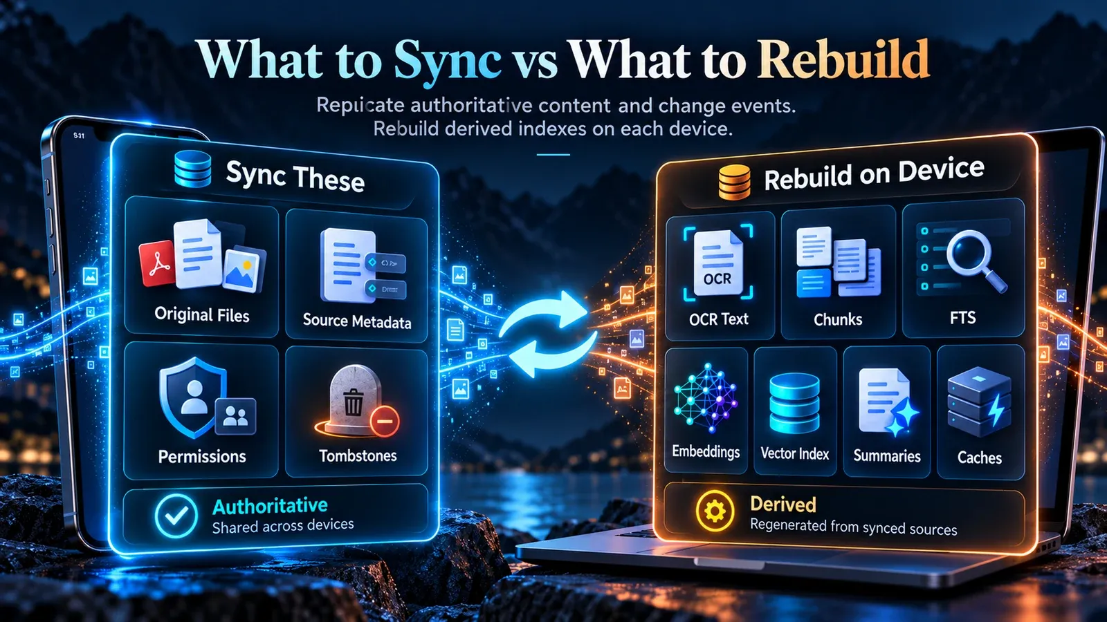 What to sync versus what to rebuild: authoritative files, permissions, deletion events, OCR, FTS, and embeddings