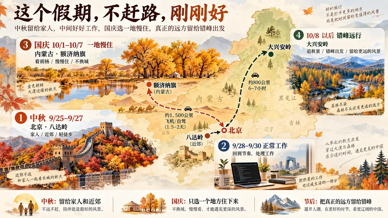 中秋北京八达岭、国庆额济纳旗胡杨与大兴安岭秋景组成的错峰旅行路线示意图
