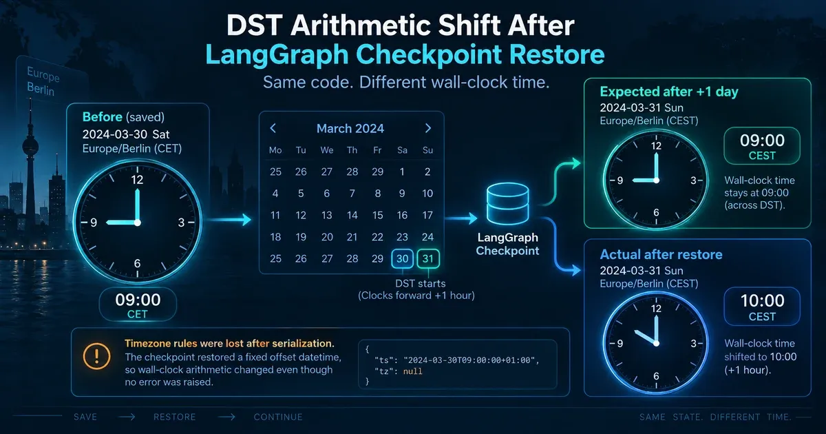 DST arithmetic can shift the intended wall-clock time by one hour after a LangGraph checkpoint restores a fixed-offset datetime