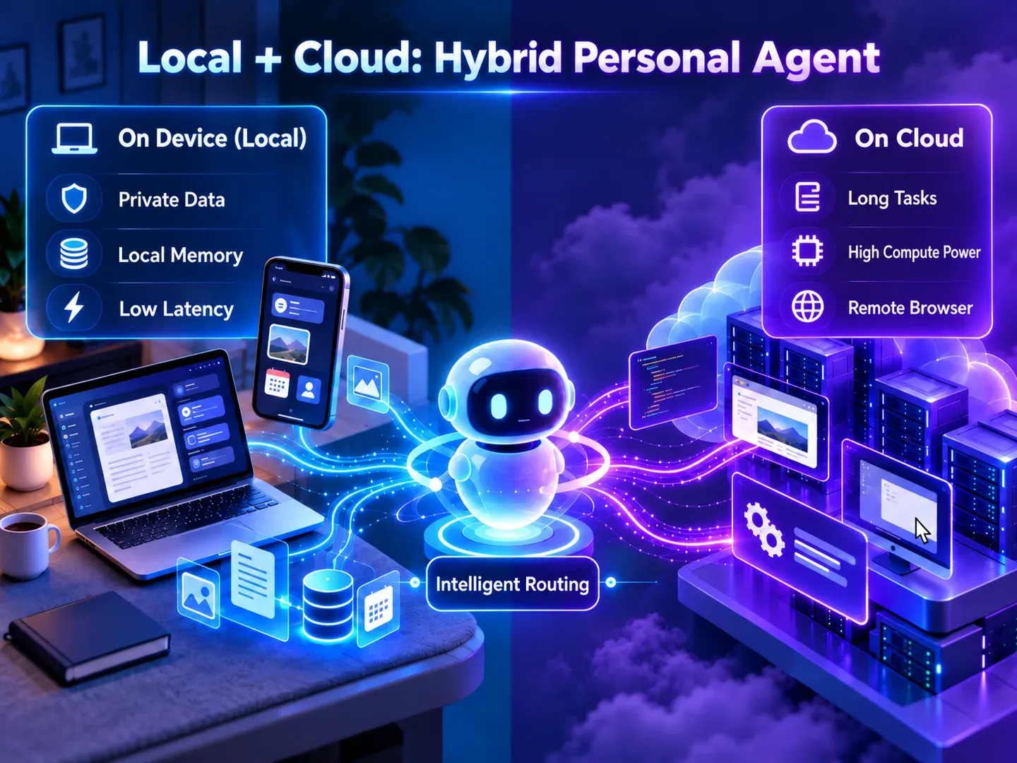 Hybrid Personal Agent 将隐私数据、本地记忆与低延迟任务留在设备端，把长任务、高算力和远程浏览器放到云端并由智能路由协调