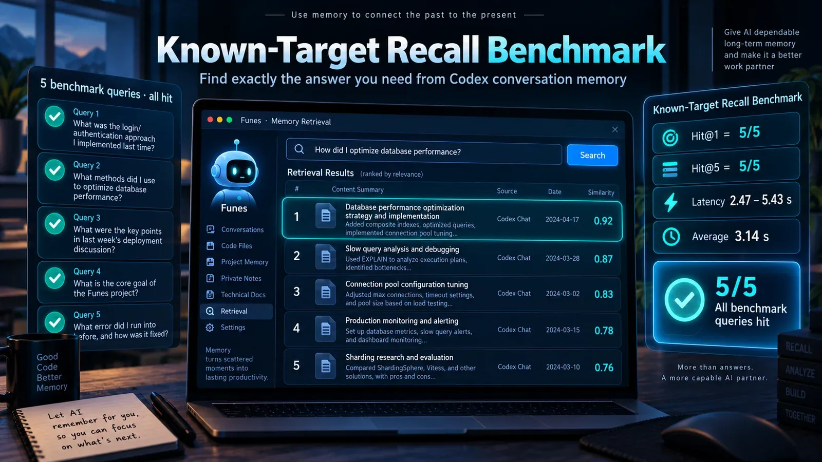 Known-target Funes recall benchmark with Hit@1 and Hit@5 both at 5/5 and mean query latency of 3.14 seconds