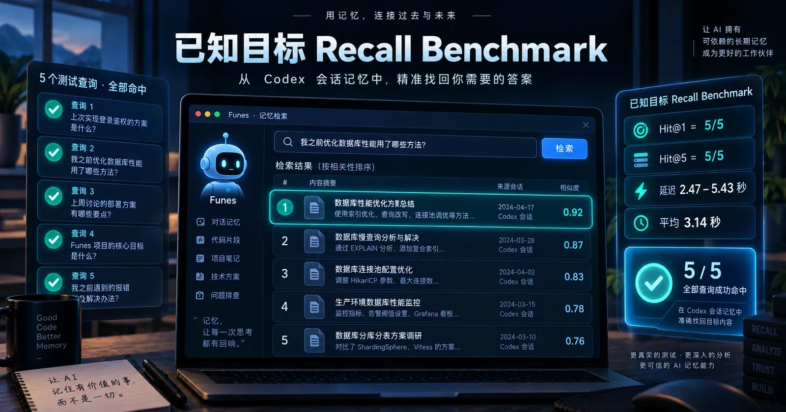 Funes 已知目标 Recall Benchmark:5 个查询 Hit@1 和 Hit@5 均为 5/5,平均查询延迟 3.14 秒