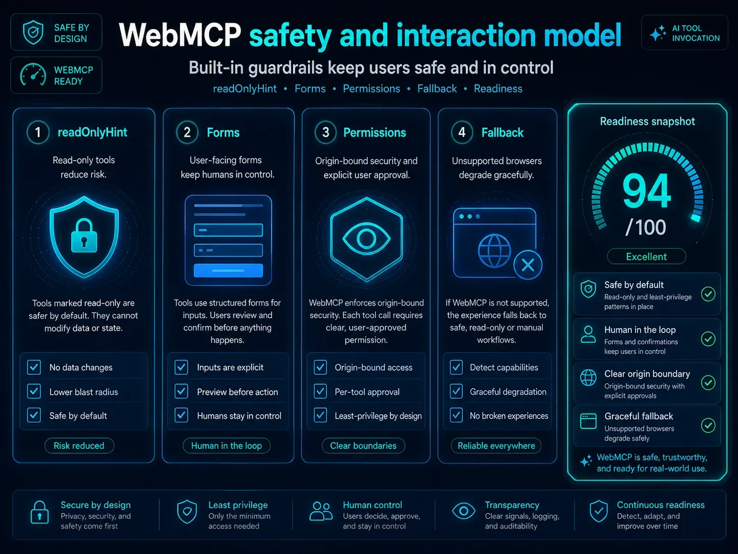 WebMCP 安全与权限模型：readOnlyHint、用户确认、权限边界与安全回退