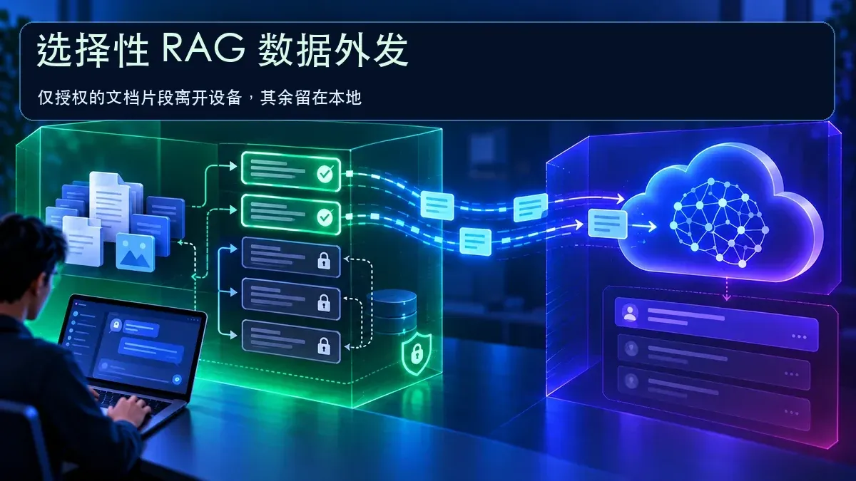 本地 RAG 只发送授权证据片段到云端模型的设计示意