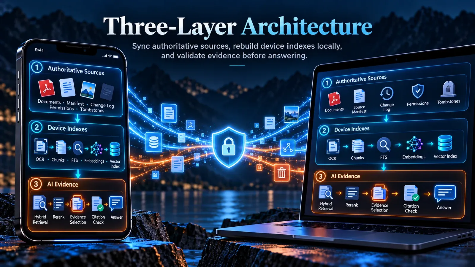 Three-layer local-first AI architecture: authoritative sources, device indexes, and evidence validation