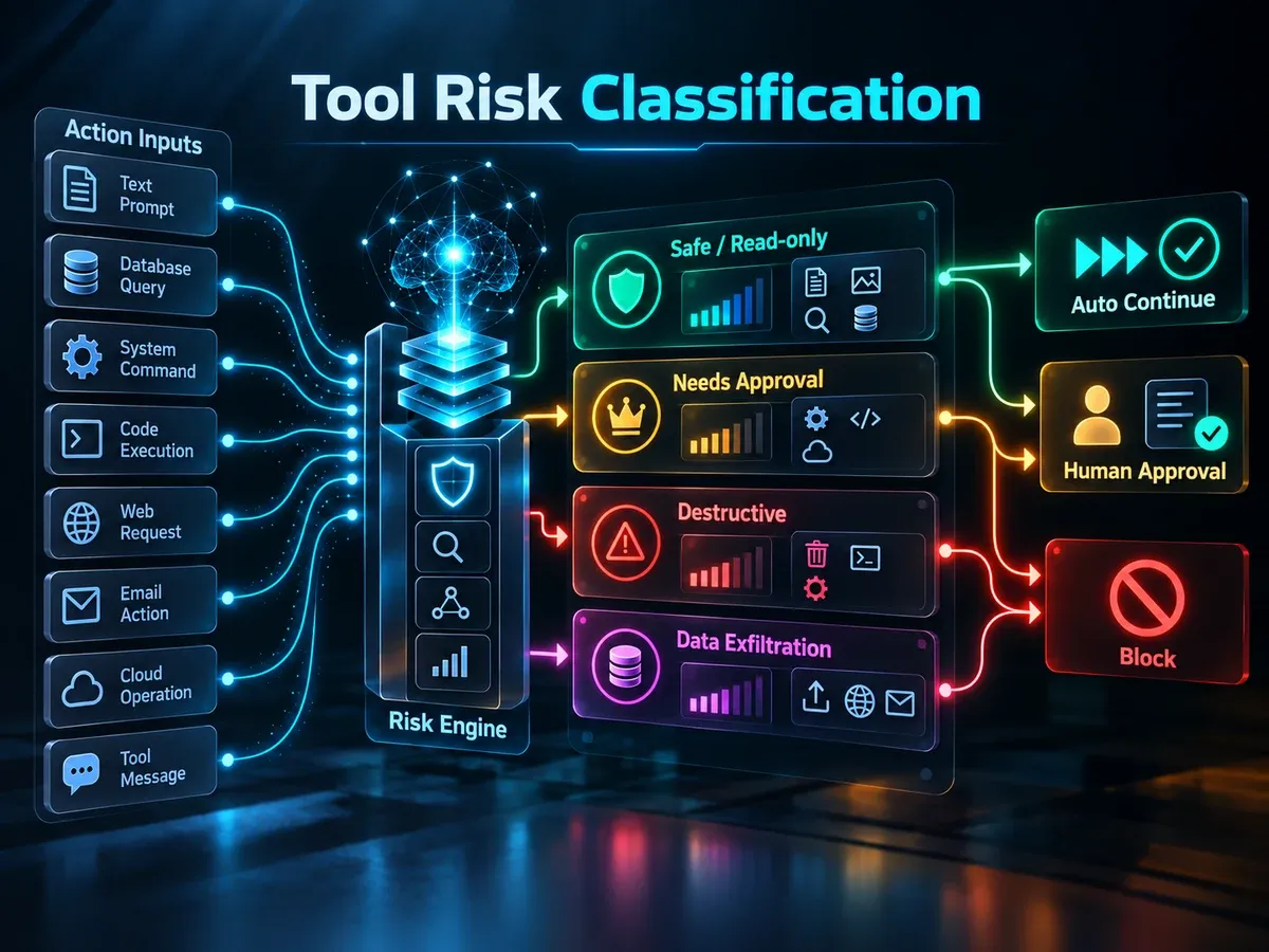 Tool Risk Classification:Action Inputs 经 Risk Engine 分为 Safe、Needs Approval、Destructive 与 Data Exfiltration,并分别自动继续、人工审批或阻断