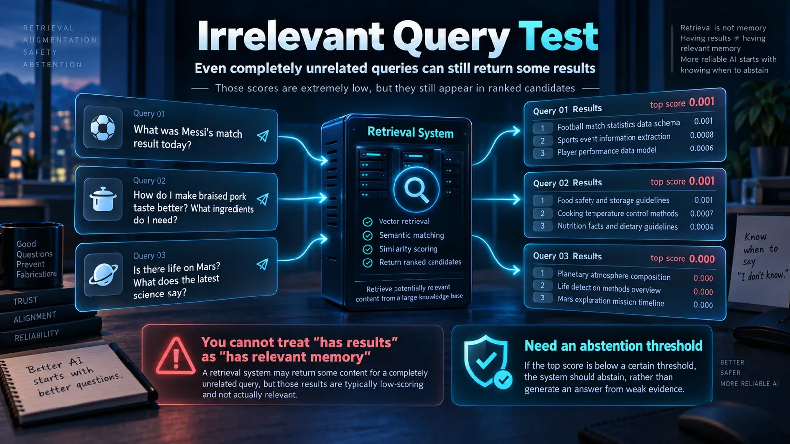 Funes irrelevant-query test showing that unrelated questions can still return extremely low-score candidates and therefore need an abstention or no-answer threshold