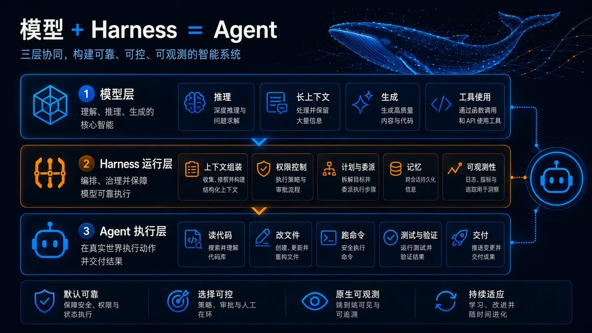 模型负责推理，Harness 负责上下文、工具、计划、审批和执行，二者共同组成 Agent