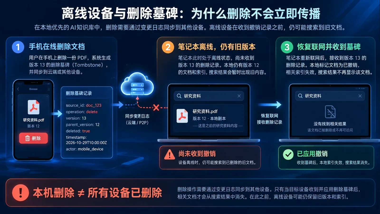 离线设备收到删除墓碑前仍可能显示旧文档,重连后应使检索失效