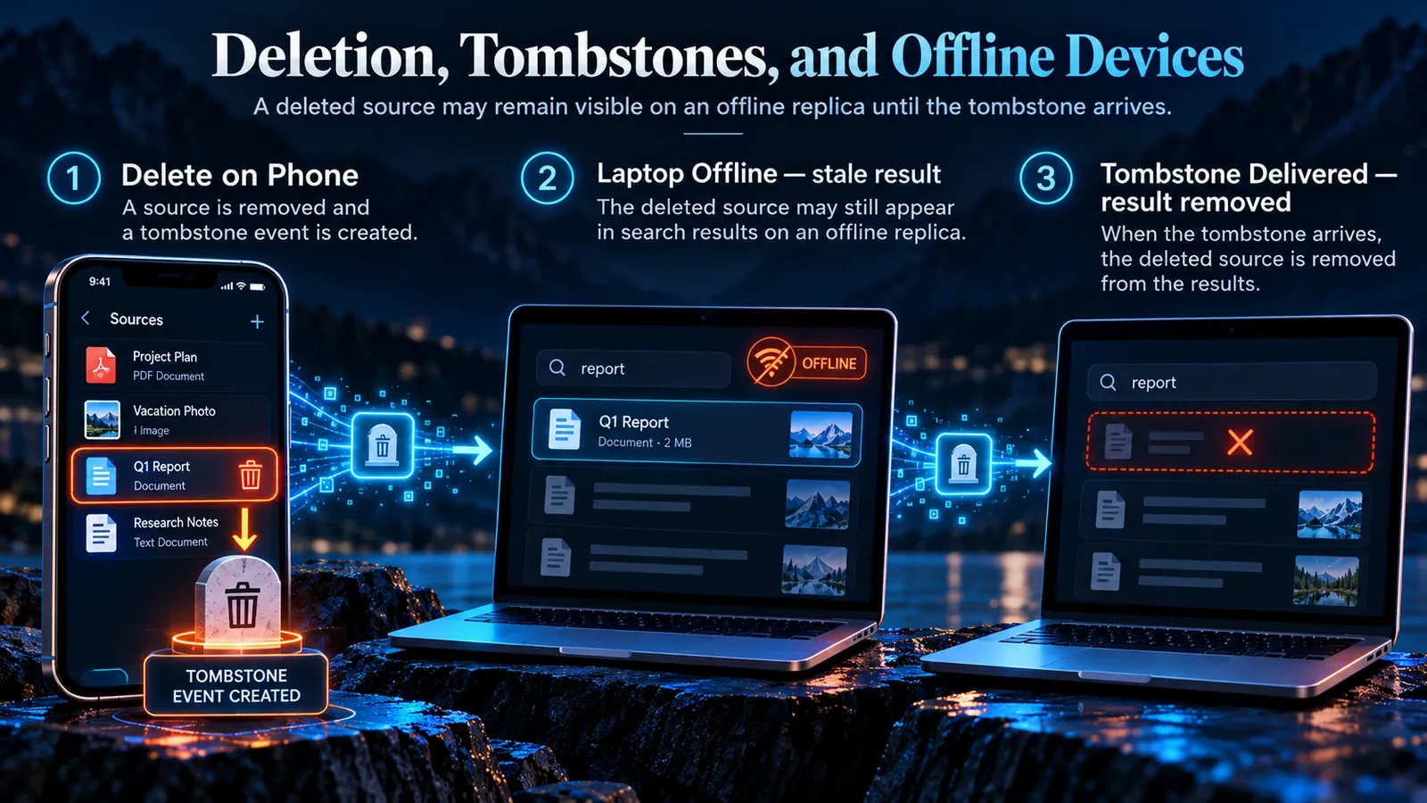 A deleted source stays searchable on an offline replica until its tombstone arrives