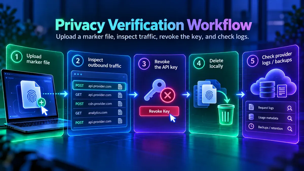 BYOK privacy verification workflow using synthetic markers, traffic audit and API key revocation