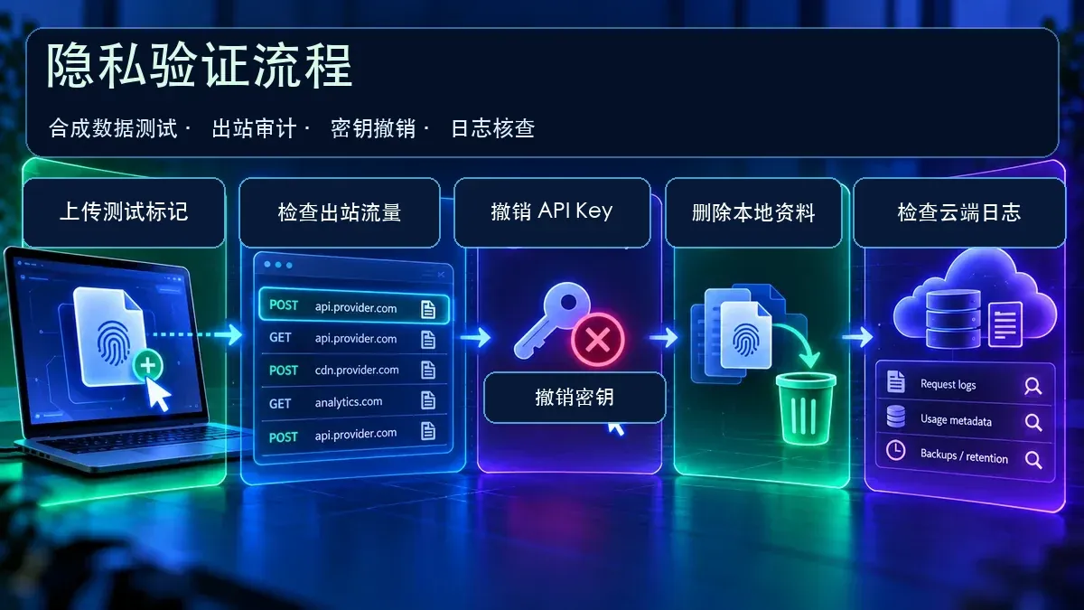 BYOK 隐私验收示意:测试文件、出站流量、Key 撤销与日志验证