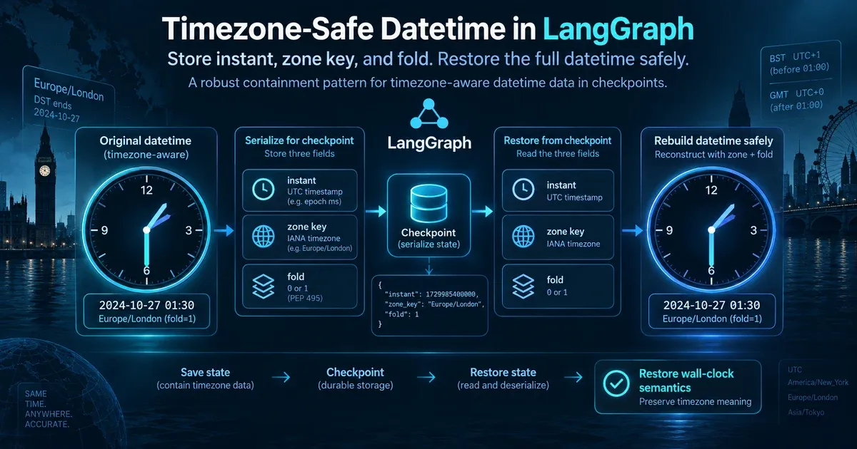Timezone-safe LangGraph checkpoint containment stores the instant, IANA zone key and fold before rebuilding the datetime after restore
