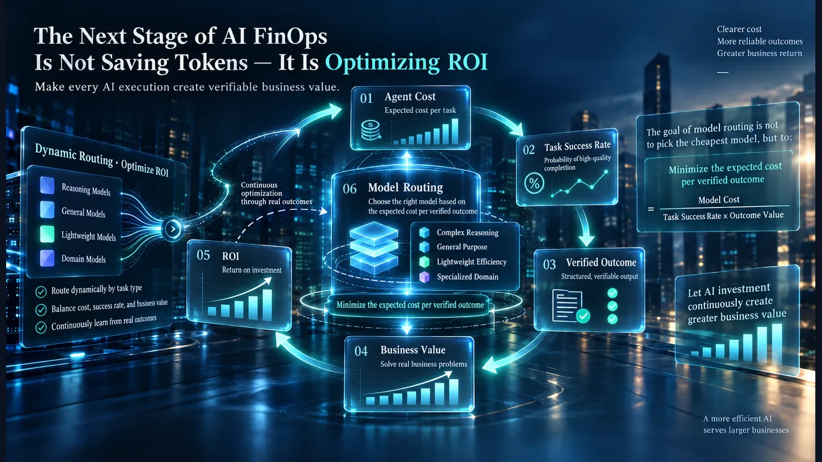 AI FinOps ROI loop connecting Agent Cost, Task Success Rate, Verified Outcome, Business Value, ROI and Model Routing