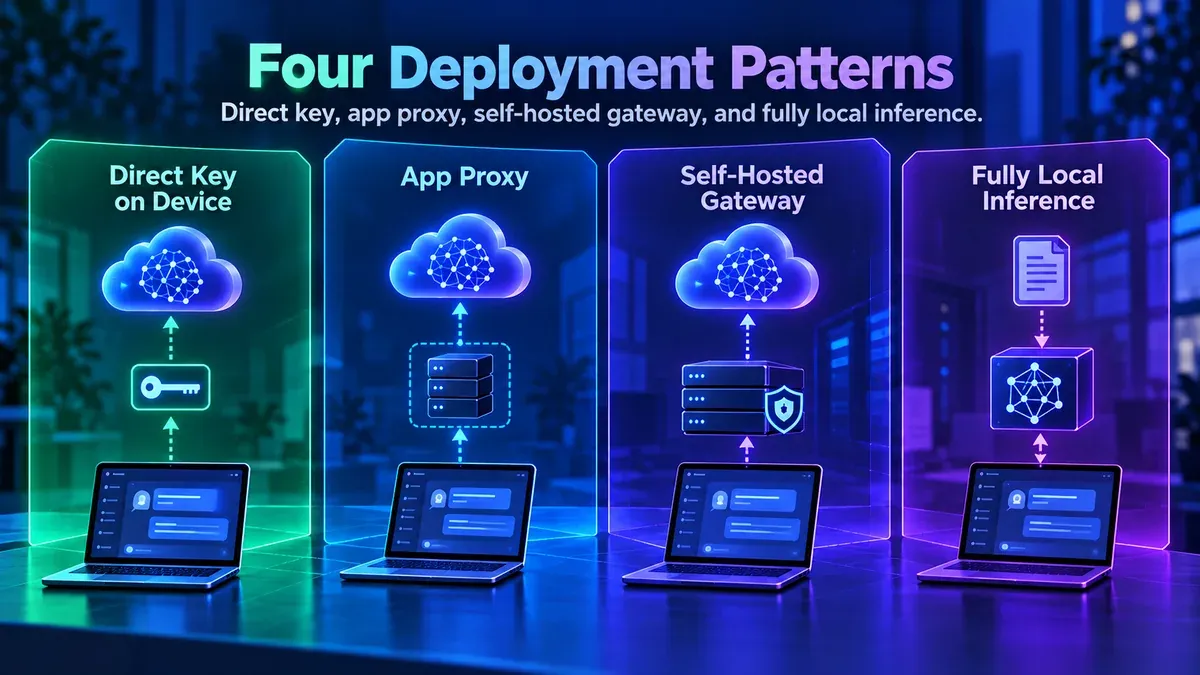 Four BYOK deployment patterns: direct API key, app proxy, self-hosted gateway and local AI