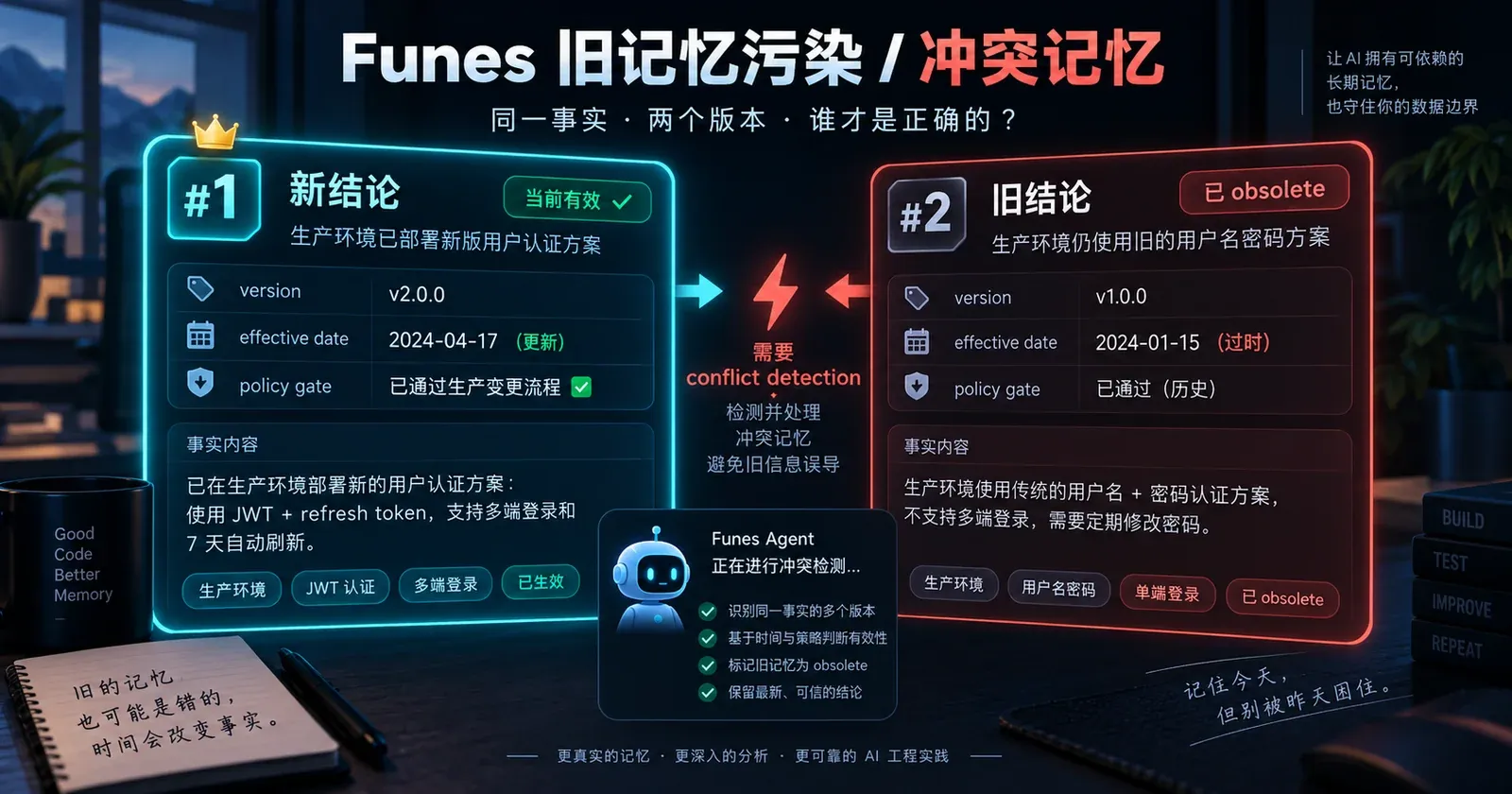 Funes stale memory 冲突对照:新结论排名第一,已标记 obsolete 的旧结论仍排名第二,需要版本、生效时间与冲突检测
