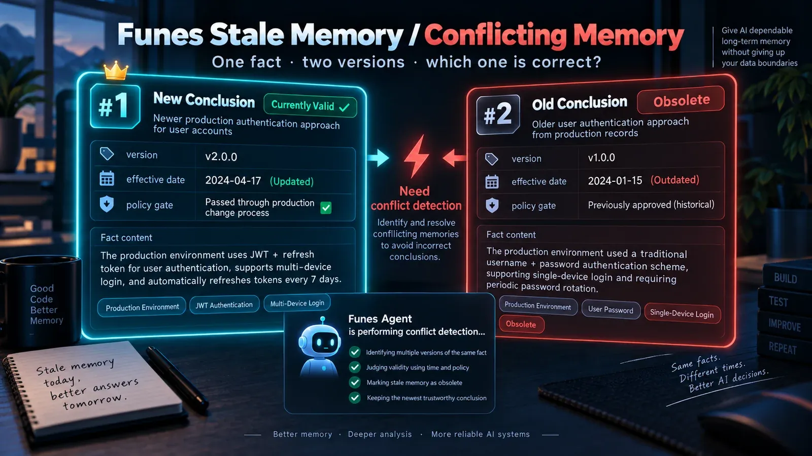 Funes stale-memory conflict test where the updated conclusion ranks first but an explicitly obsolete conclusion still ranks second, requiring version, effective-date, and conflict policy