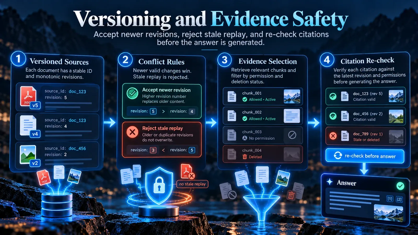 Versioned source conflict rules and evidence recheck before generation