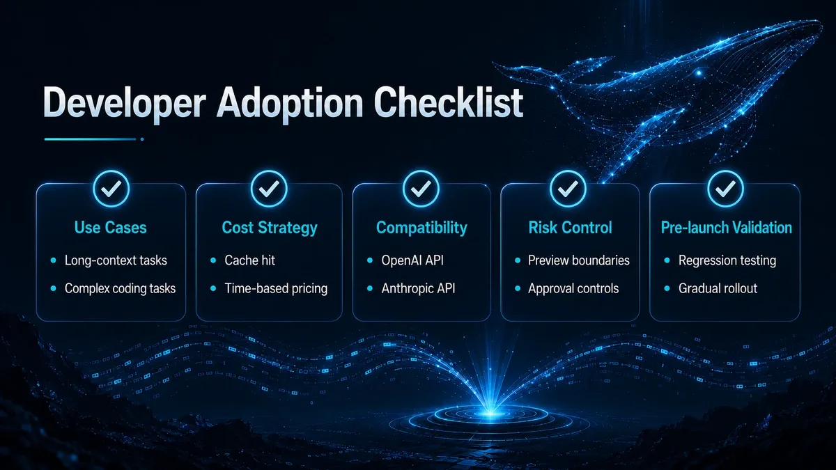 Developer adoption checklist for DeepSeek V4-Pro-0813 and Harness covering regression tests, pricing, permissions, tools, verification, and observability