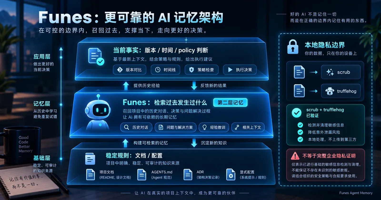 Funes 更可靠的 AI 记忆架构:稳定规则放文档与配置,Funes 作为第二层历史记忆,当前事实继续经过版本、时间和 policy 判断