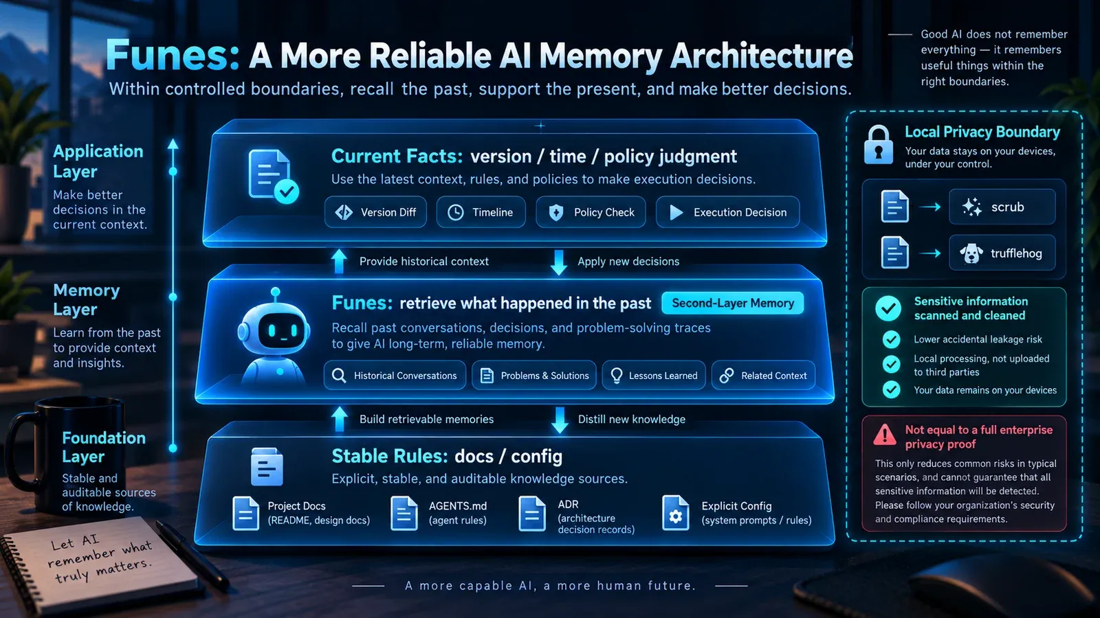 A more reliable Funes memory architecture with stable rules in docs and config, Funes as a second-layer historical memory, and current facts gated by version, time, and policy checks