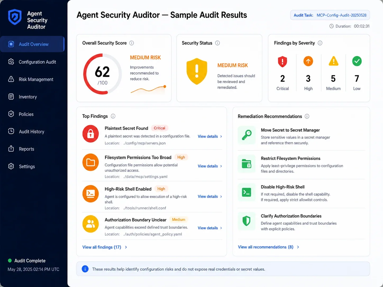Agent Security Auditor sample audit results with severity counts, top findings and remediation recommendations
